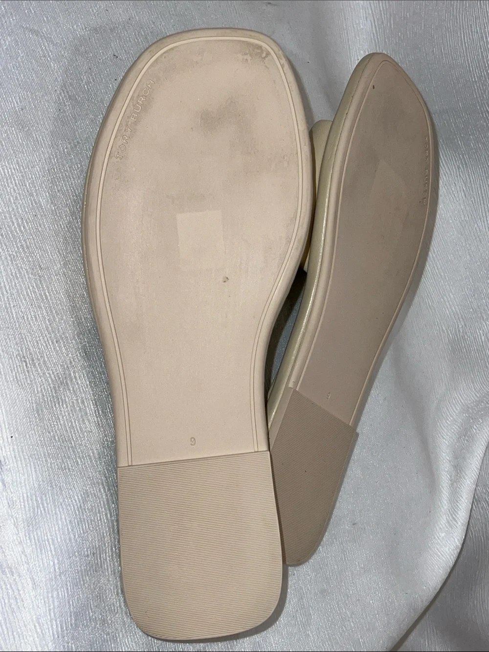 Tory Burch Double-T Monogram Padded Leather Slide Sandals in Light Cream SB9